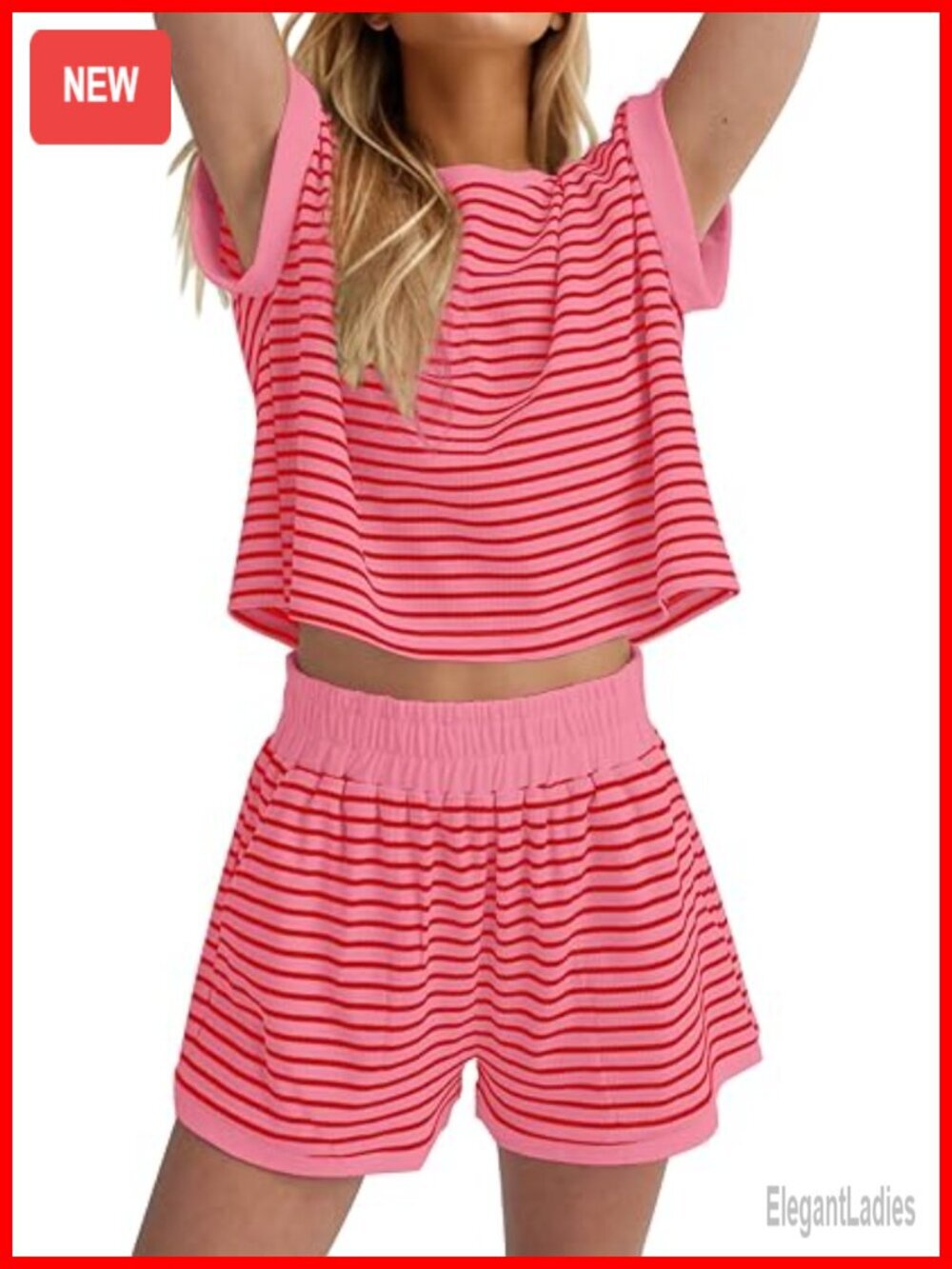 2 Piece Lounge Set Women Stripe Knit Short Sleeve Tee Shirt Shorts Casual